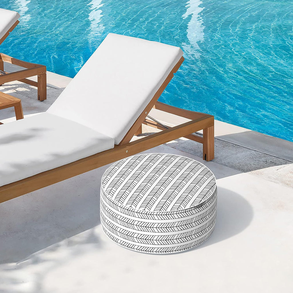 Black White Herringbone Inflatable Round Ottoman