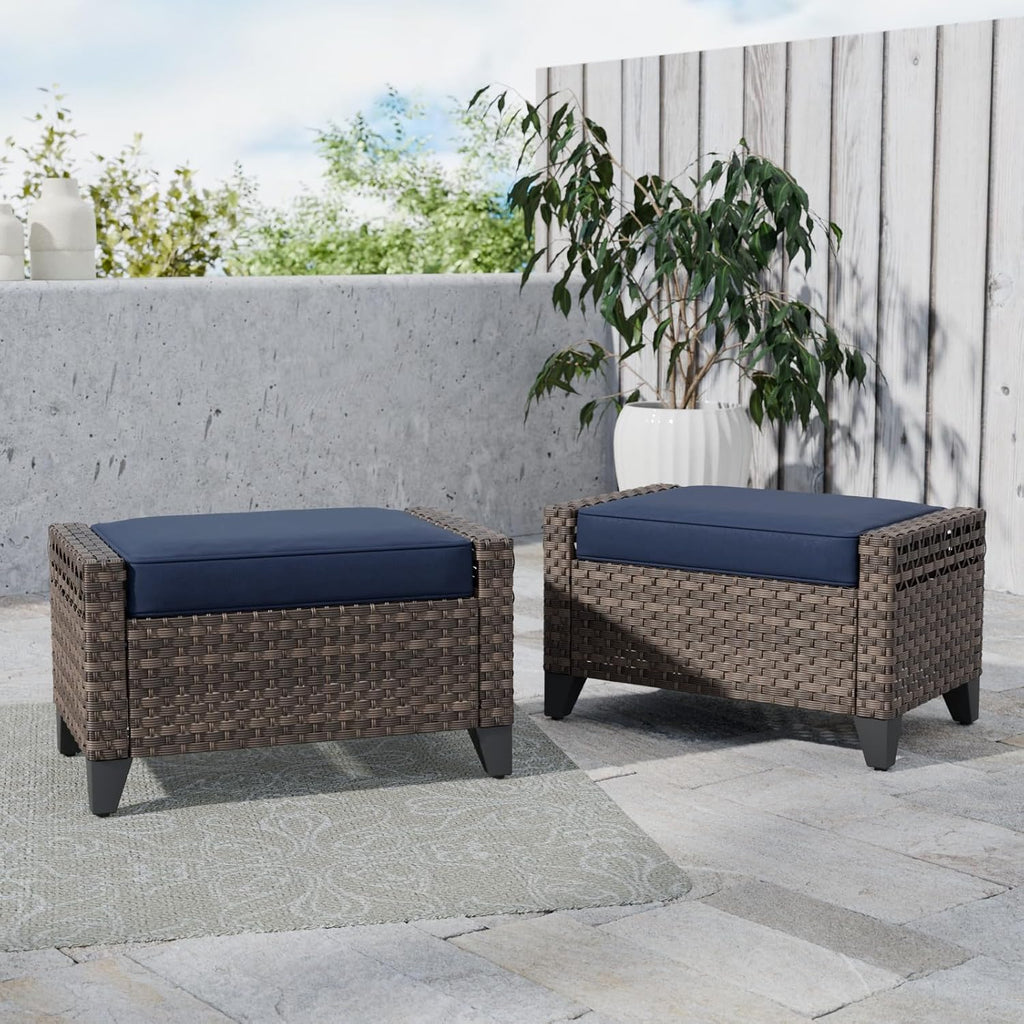2 Pack Brown Blue Cushioned PE Wicker Patio Ottomans