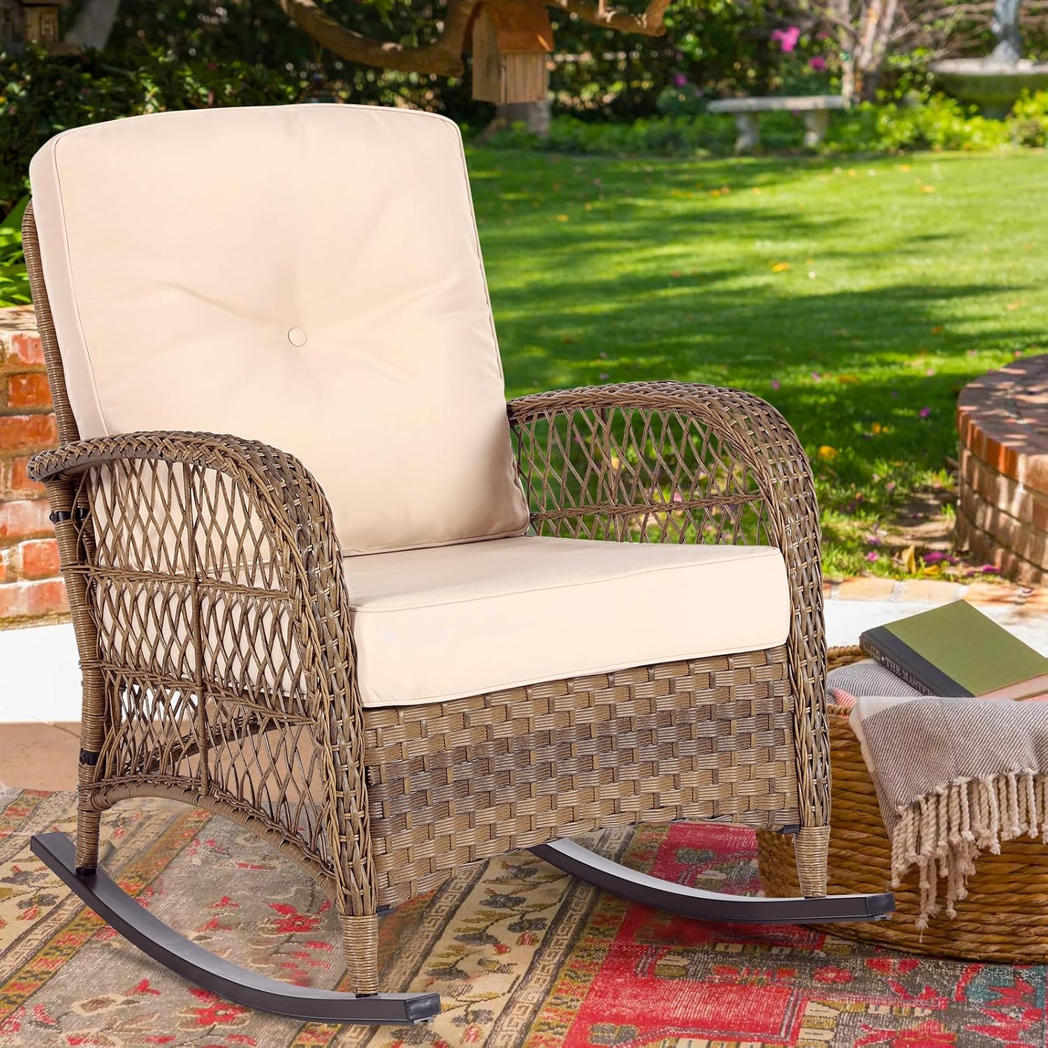 Brown Beige Wicker Rocking Chair