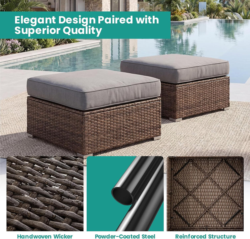 2 Pack Grey Square PE Wicker Patio Ottoman