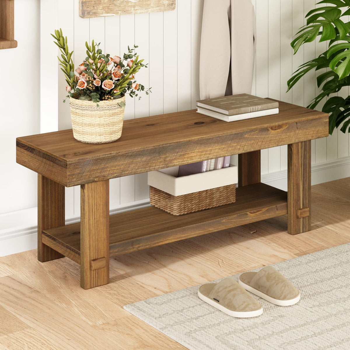 Natural Wood Storage Entryway Bench