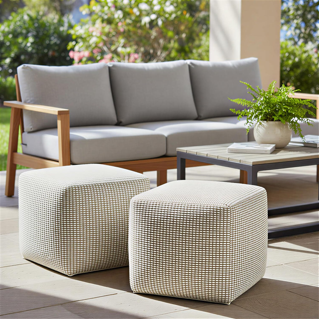 Beige PET Polyester Square Pouf Ottoman