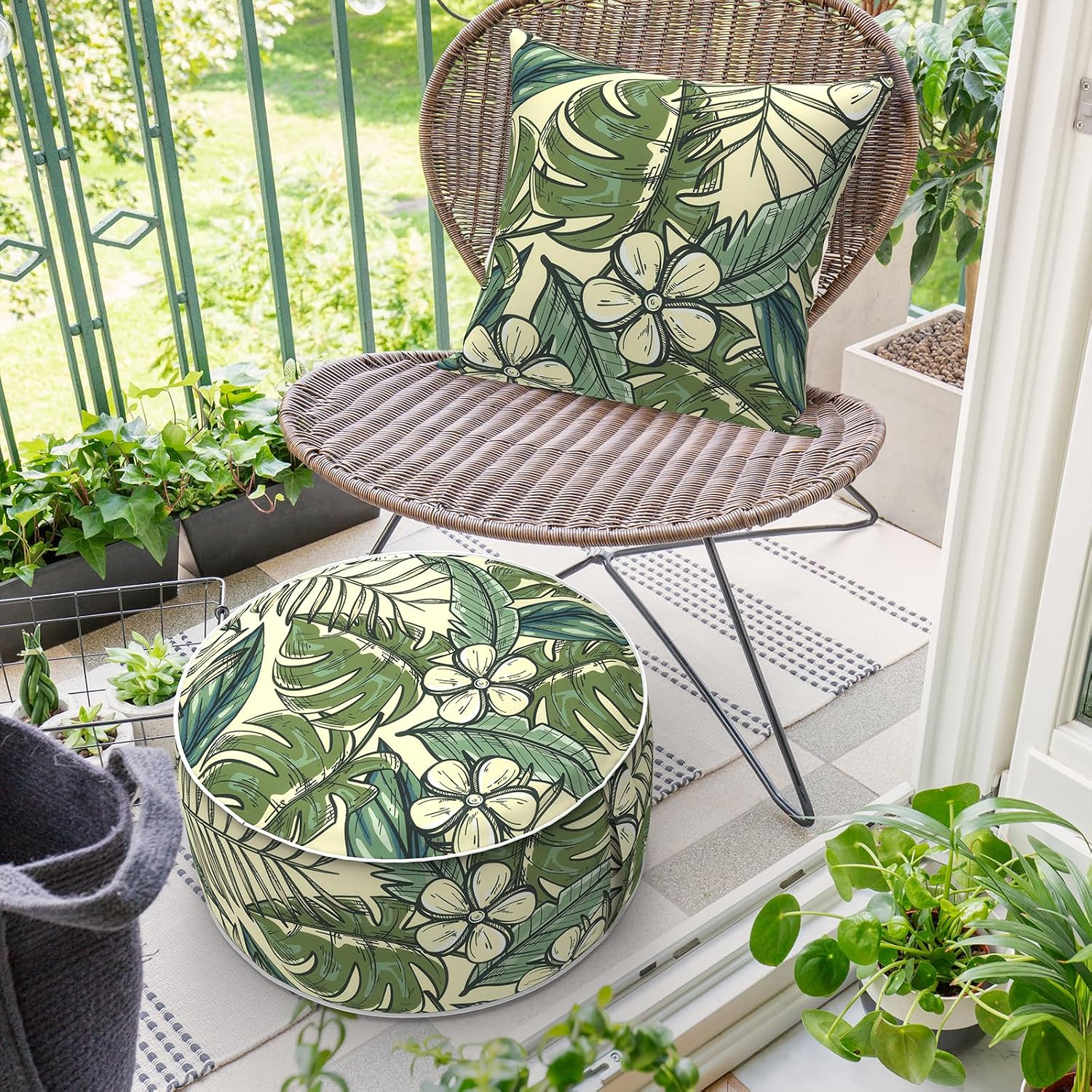 Tropical Print Round Inflatable Ottoman Stool