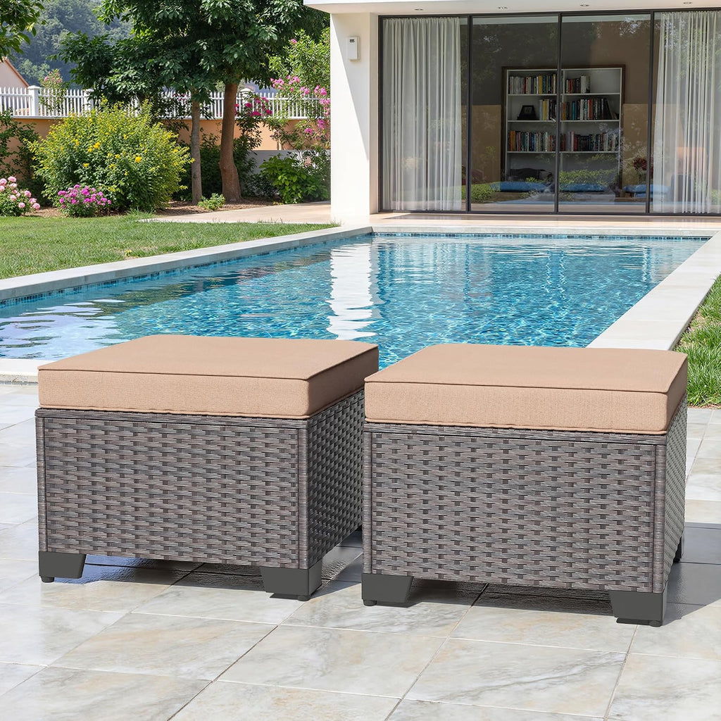 2 Pack Sand PE Wicker Patio Ottomans
