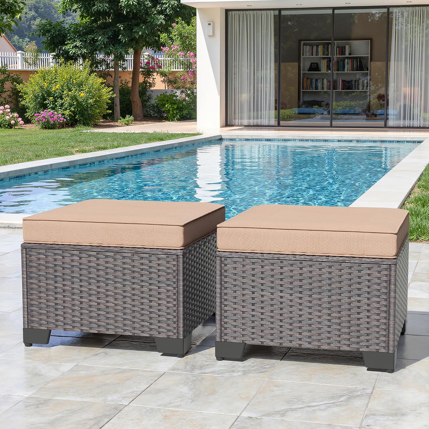 2 Pack Sand PE Wicker Patio Ottomans