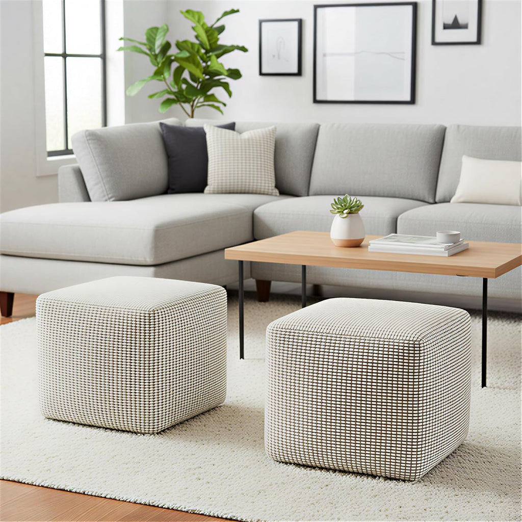 Beige PET Polyester Square Pouf Ottoman